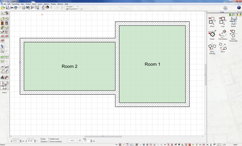 Stretched floor plan with 2 rooms